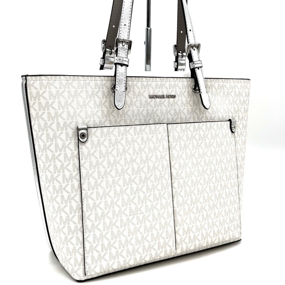 Michael Kors Jet Set Medium Logo Pocket Tote Bag Vanilla/Grey - Picture 3 of 13